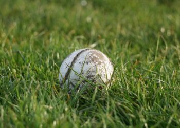 A sliotar on a camogie field.